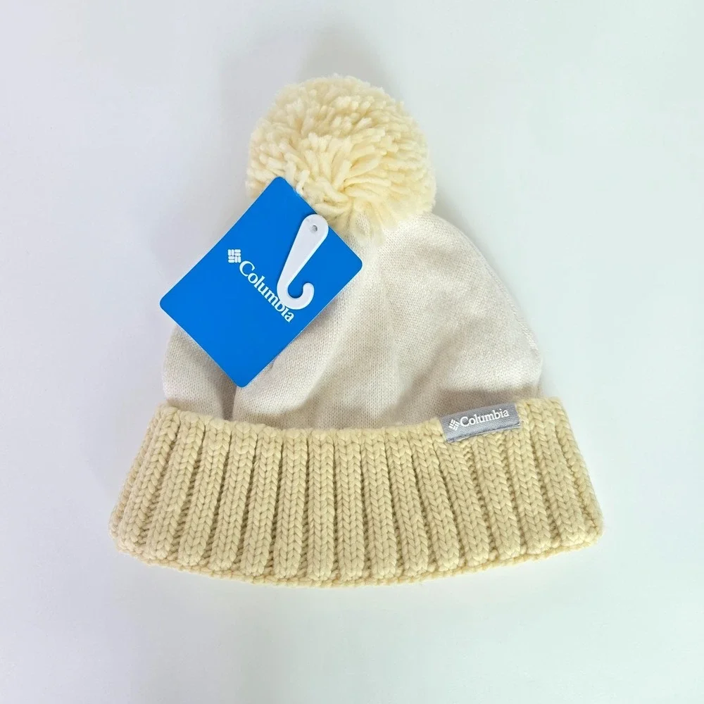 Columbia Sweater Weather Pom Beanie Hat‎ Cap Fleece Lined Ivory Cream Off-White